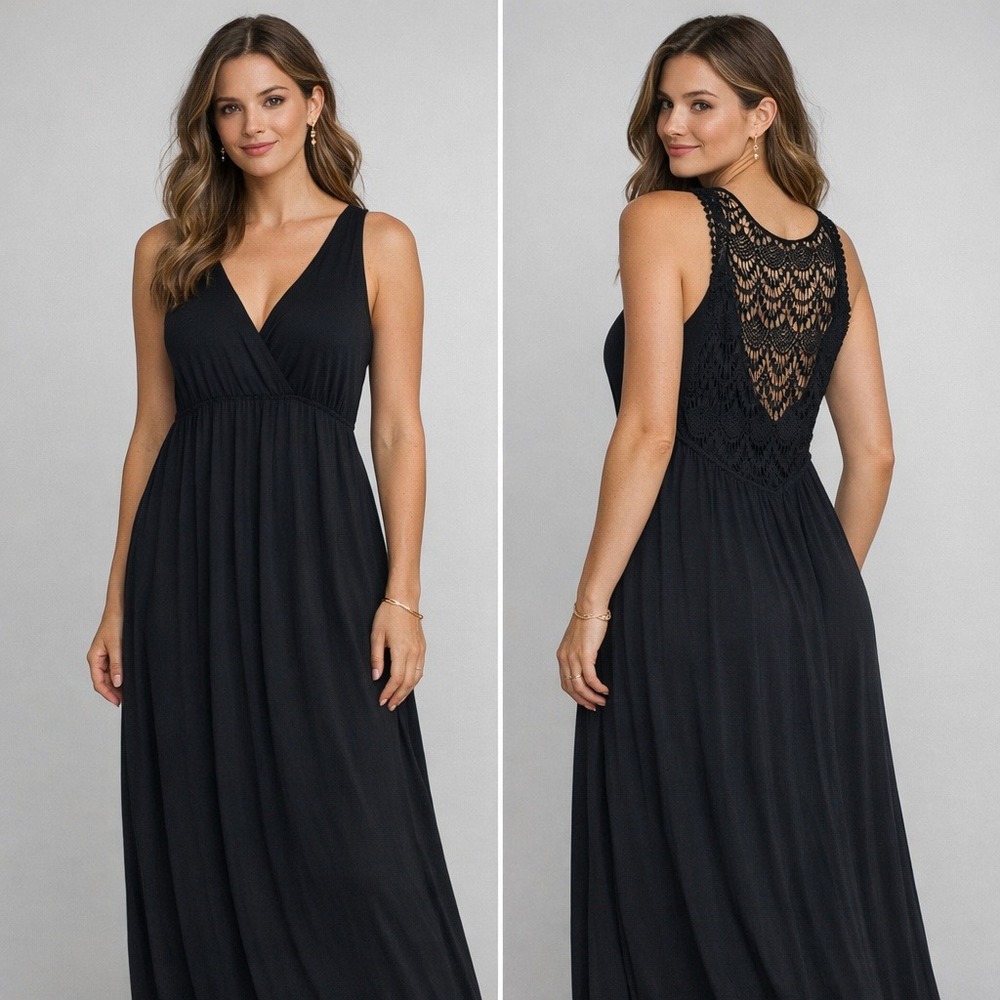 New Relativity Maxi Dress Sz‎ L Black Crochet Lace Back V-Neck Sleeveless Boho